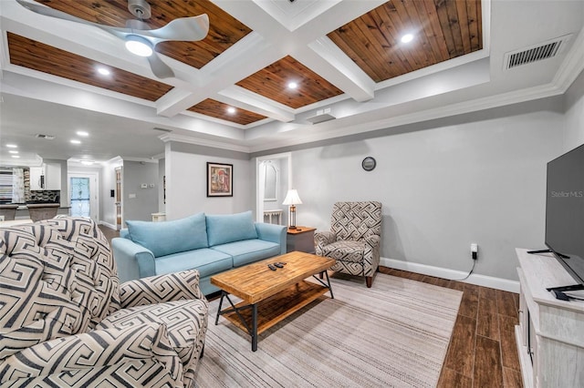 living room featuring wooden ceiling, ceiling fan, crown molding, and coffered ceiling