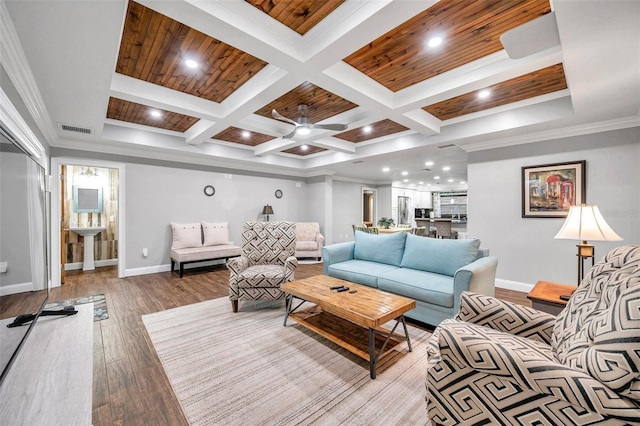 living room with coffered ceiling, crown molding, hardwood / wood-style flooring, wooden ceiling, and beamed ceiling