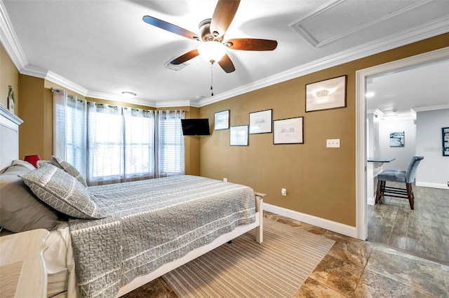 bedroom with ceiling fan and ornamental molding