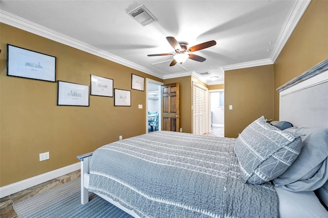 bedroom with ceiling fan and crown molding