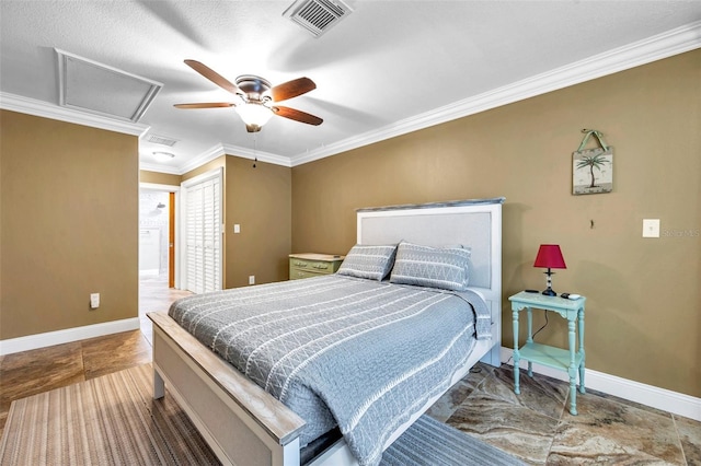 bedroom featuring ceiling fan, a textured ceiling, and ornamental molding