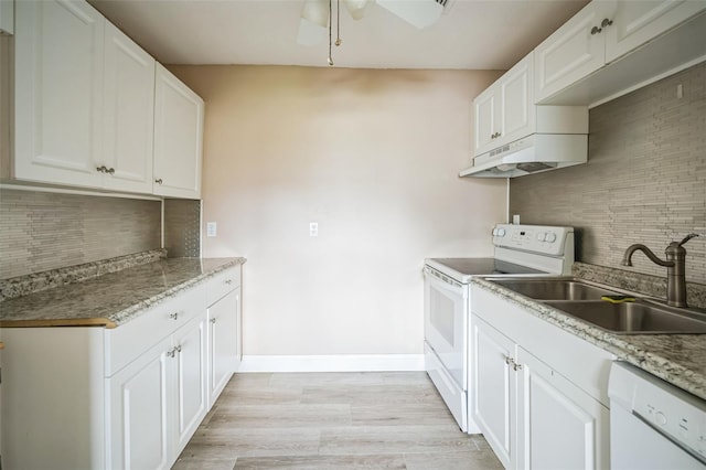 kitchen featuring backsplash, white appliances, sink, white cabinets, and light hardwood / wood-style floors