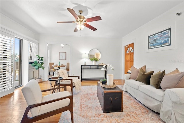 living room with wood-type flooring and ceiling fan