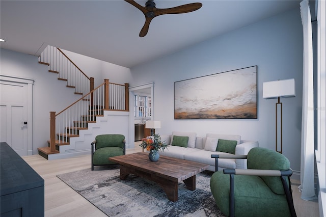 living room with ceiling fan and light hardwood / wood-style floors