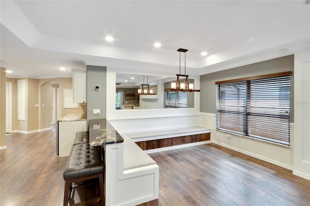 interior space with crown molding, dark hardwood / wood-style floors, and a raised ceiling