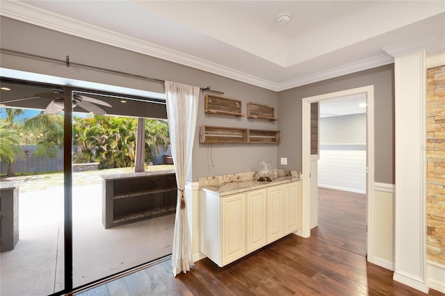 interior space featuring light stone counters, dark wood-type flooring, ornamental molding, and ceiling fan