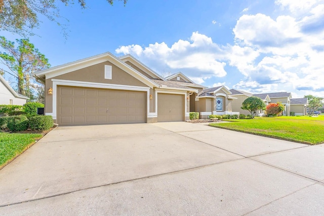 ranch-style home with a front lawn and a garage