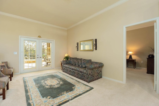 carpeted living room with french doors and crown molding