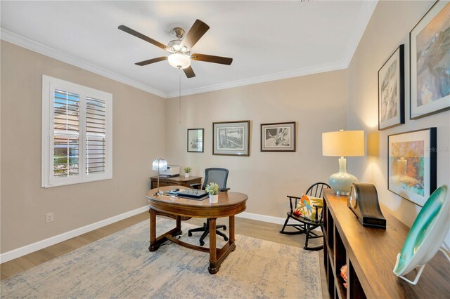 office area featuring ceiling fan, light wood-type flooring, and crown molding