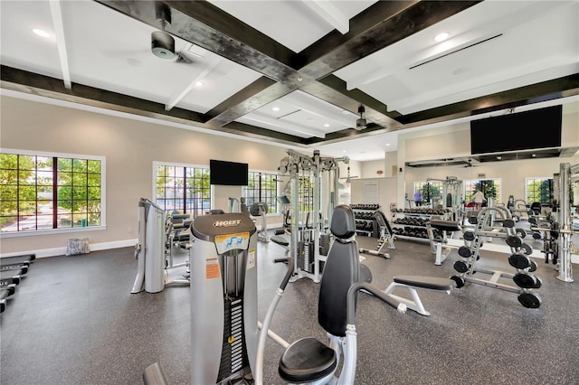 workout area with ceiling fan and coffered ceiling