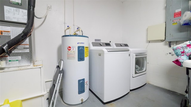 laundry area featuring electric panel, electric water heater, washing machine and dryer, and heating unit