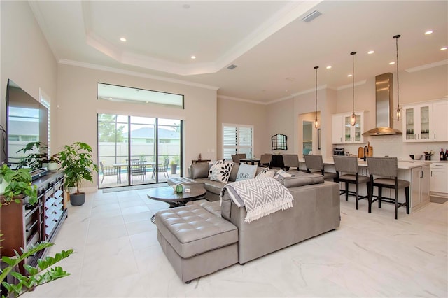 living room with crown molding and a tray ceiling