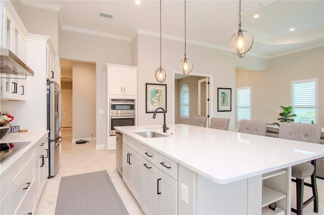 kitchen with sink, white cabinetry, a kitchen island with sink, and stainless steel appliances