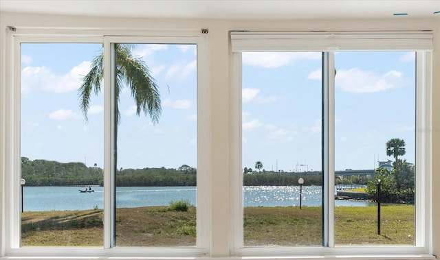 doorway to outside featuring a water view