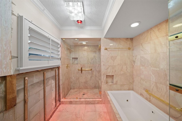 bathroom featuring a textured ceiling, crown molding, and plus walk in shower