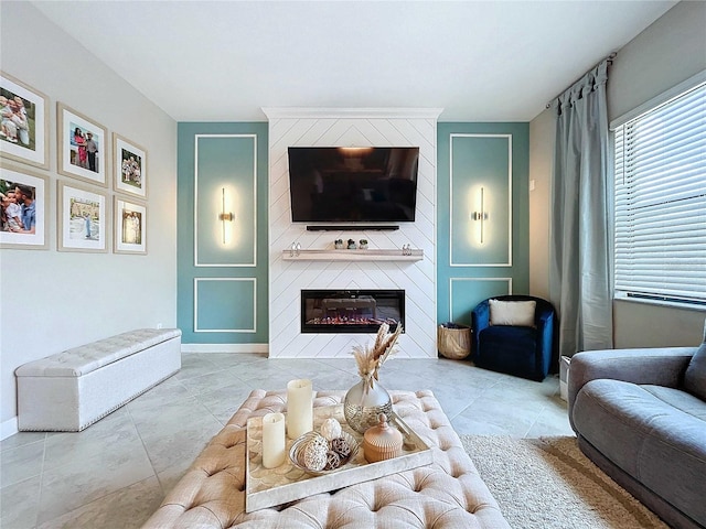 living room with a fireplace