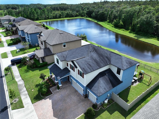 aerial view featuring a water view