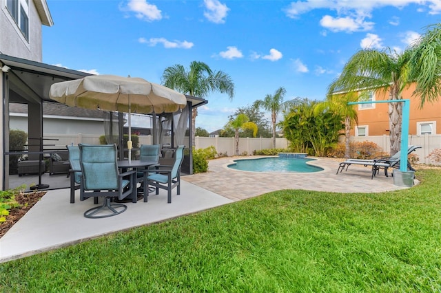 view of swimming pool with a patio area and a lawn