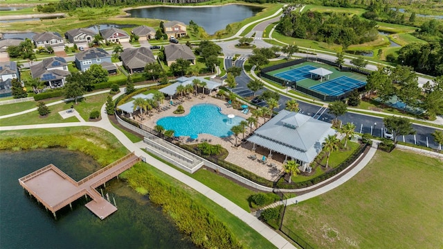 drone / aerial view featuring a water view