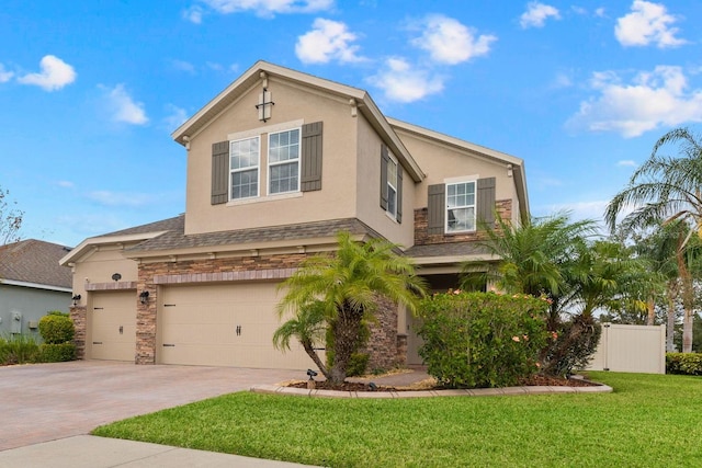 view of front of house featuring a front lawn and a garage