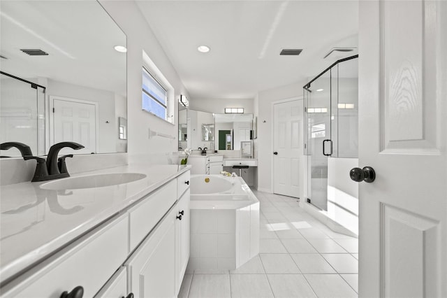 bathroom with vanity, separate shower and tub, and tile patterned flooring