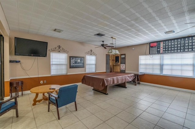 recreation room featuring ceiling fan, light tile patterned floors, and billiards