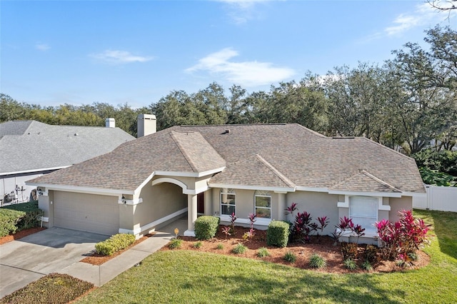 single story home featuring a garage and a front yard