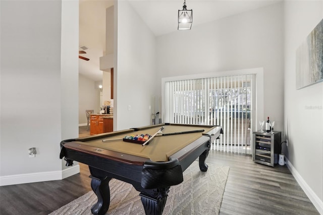 recreation room with pool table, dark wood-type flooring, high vaulted ceiling, and ceiling fan