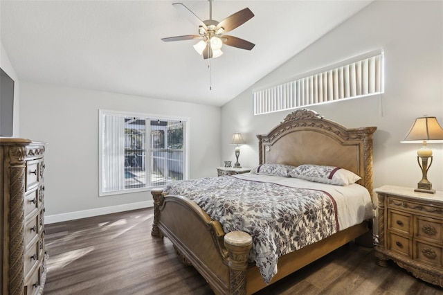 bedroom featuring ceiling fan, dark wood-type flooring, and lofted ceiling