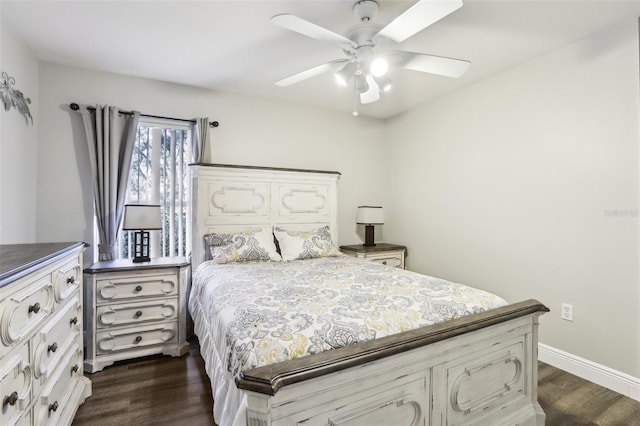 bedroom with ceiling fan and dark hardwood / wood-style floors