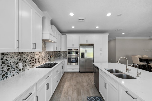 kitchen featuring appliances with stainless steel finishes, a sink, premium range hood, white cabinets, and backsplash