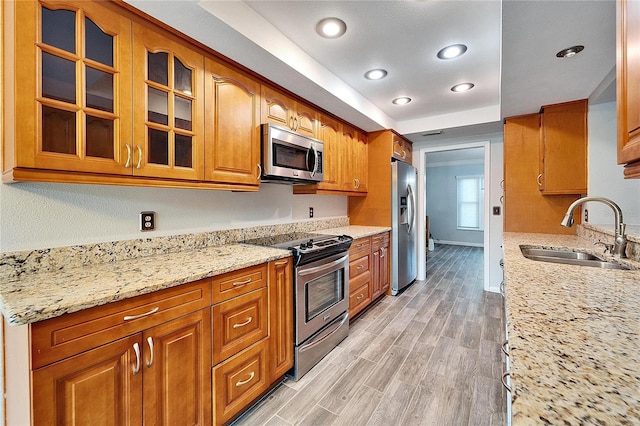 kitchen featuring stainless steel appliances, light stone countertops, a tray ceiling, sink, and light hardwood / wood-style flooring