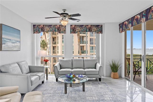 living room with ceiling fan