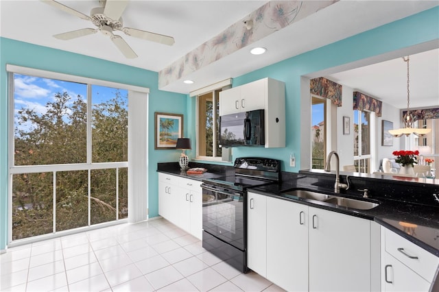 kitchen with white cabinetry, ceiling fan, decorative light fixtures, black appliances, and sink