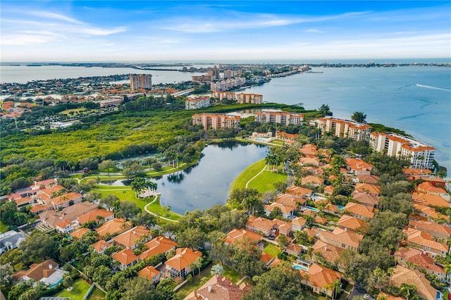 bird's eye view with a water view