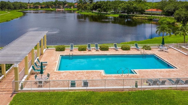 view of swimming pool with a water view and a patio