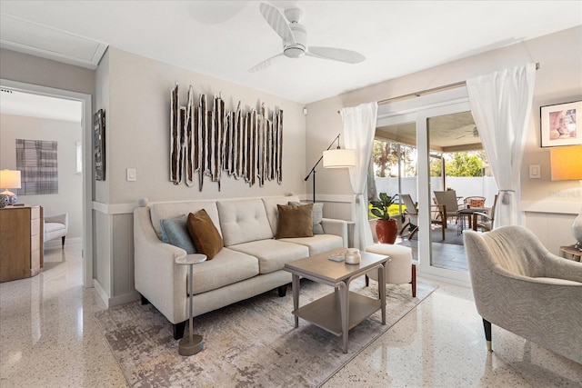 living room with ceiling fan