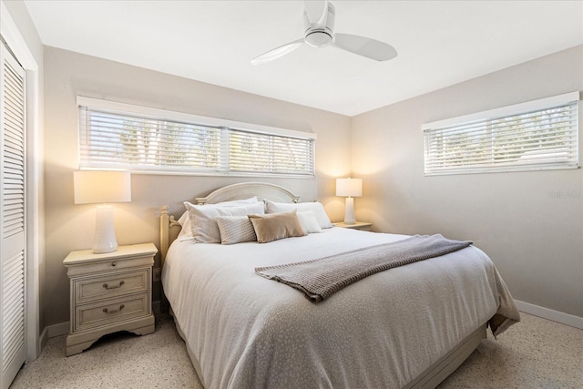 bedroom featuring ceiling fan and a closet