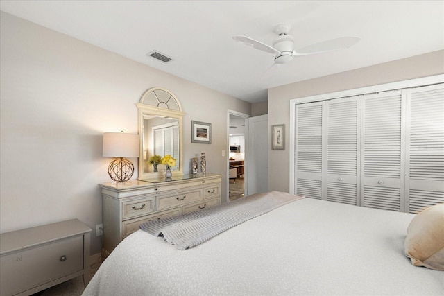 bedroom with ceiling fan and a closet