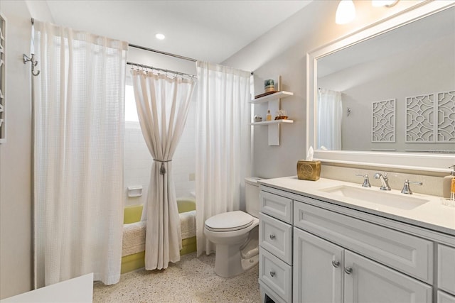 full bathroom with toilet, shower / bathtub combination with curtain, and vanity