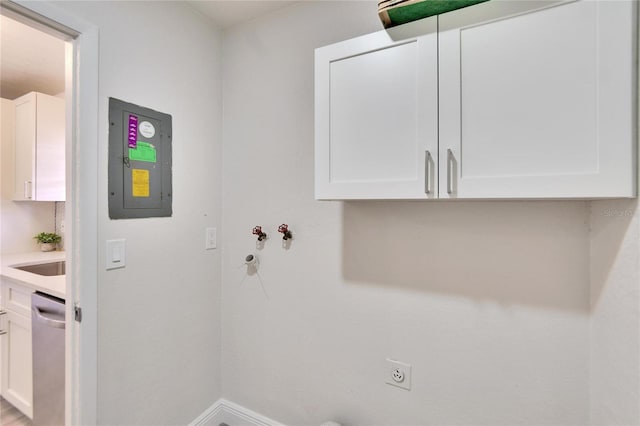 laundry room featuring cabinets, electric dryer hookup, and electric panel