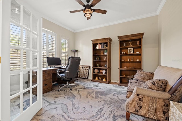 office space featuring ceiling fan and ornamental molding