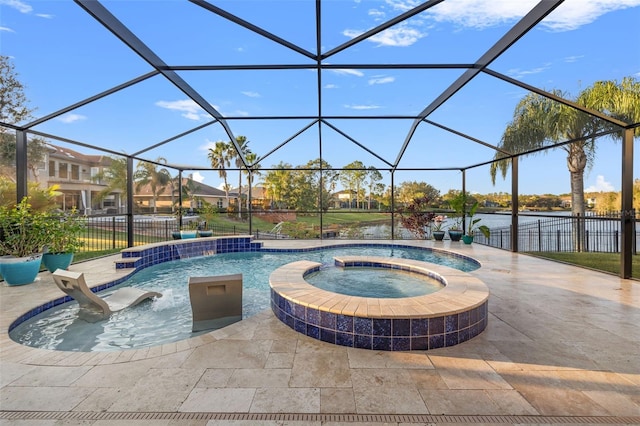 view of swimming pool featuring a water view, an in ground hot tub, a lanai, and a patio