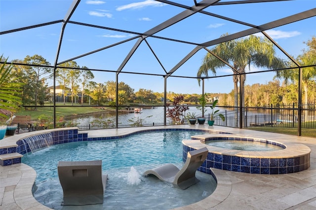 view of swimming pool featuring a water view, pool water feature, and glass enclosure