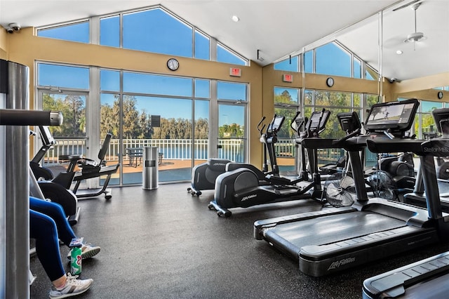 exercise room with vaulted ceiling