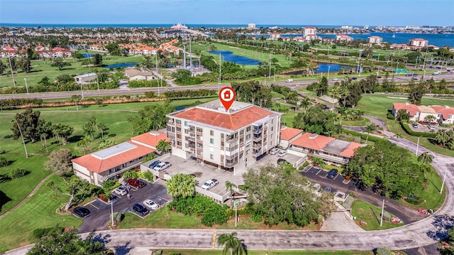 bird's eye view with a water view