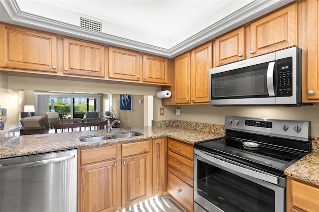 kitchen with stainless steel appliances, light stone counters, and sink