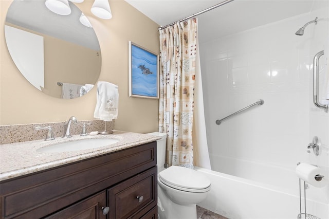 full bathroom with shower / bath combination with curtain, vanity, and toilet