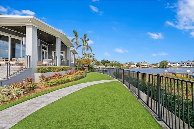 view of yard with a water view