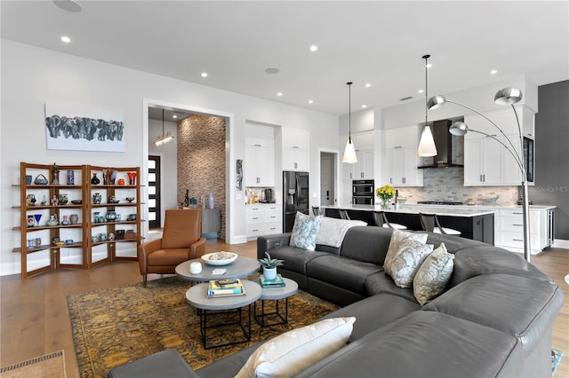 living room featuring dark wood-type flooring